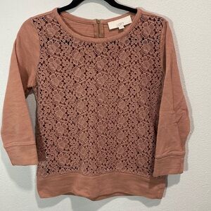 Loft crochet lace front cotton top darker mauve color
